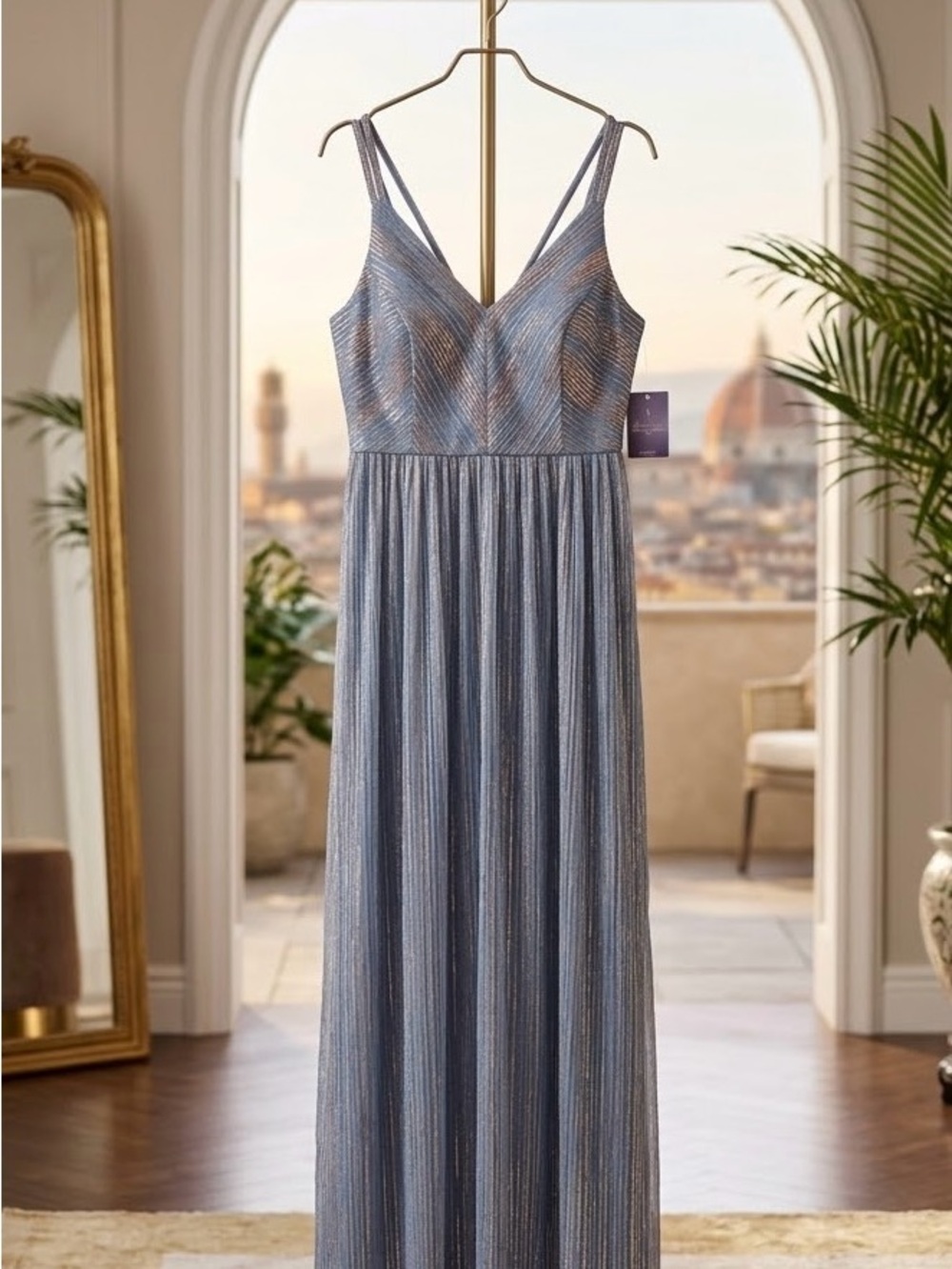 Sleeveless Blue Metallic-Strip Maxi Dress with Tie Straps